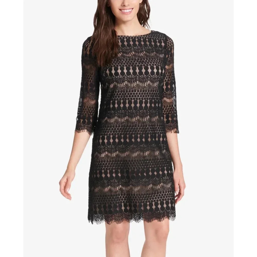 Eliza J Boat Neck Lace Shift Dress Black Beige Size 4 - Picture 1 of 7